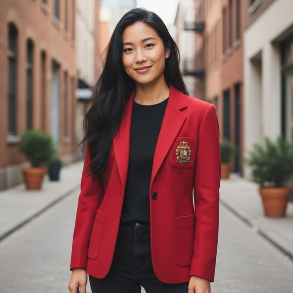 Ralph Lauren Vintage 80s Blazer Women Size 4 Petite Wool Cashmere Crest Red - Picture 1 of 10